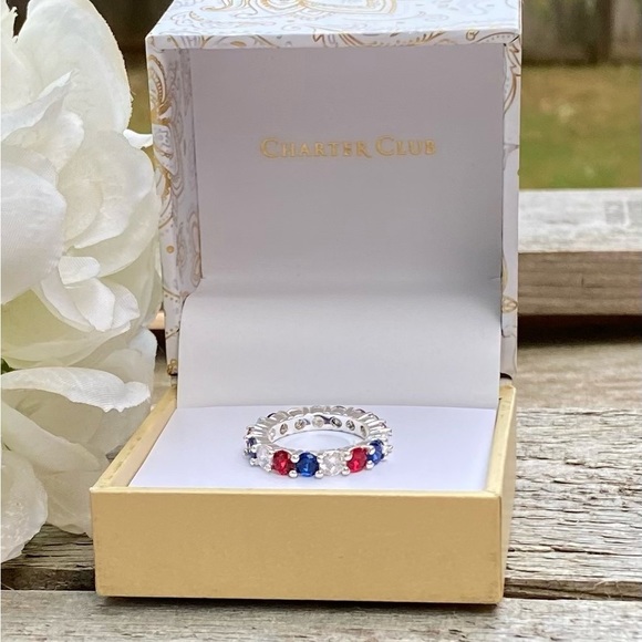 NWT CHARTER CLUB SILVER TONE RED, WHITE & BLUE CUBIC ZIRCONIA RING - 5 - Picture 5 of 7